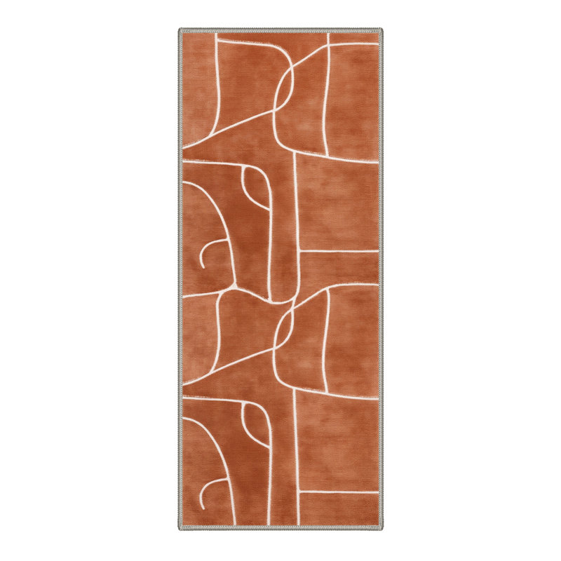 Lune Abstract Machine Washable Beige / Brown Indoor Area Rug with Non-Slip Backing, Runner 2' x 7'
