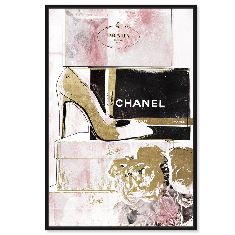 " Luxury Stacked Shoes Rose ", Black Framed, 54" H x 36" W