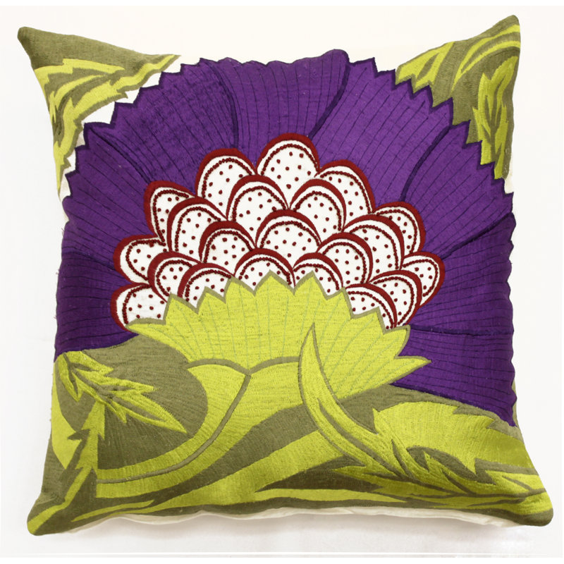 Pollen Embroidered Cotton Blend Throw Pillow, Purple