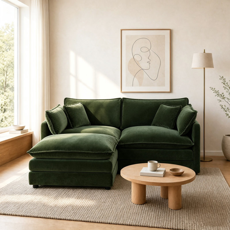 Canapé modulaire en L avec repose-pieds Chenille - causeuse modulaire pour petits salons, Vert