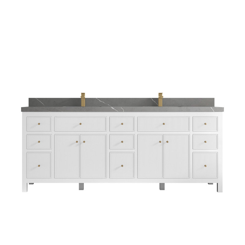 84'' Double Bathroom Vanity with Top, White, Gray Quartz