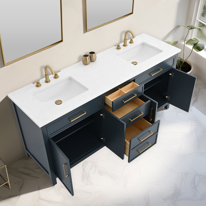 Meuble-lavabo double 72 po Wenniah, Bleu rétro / bronze brossé
