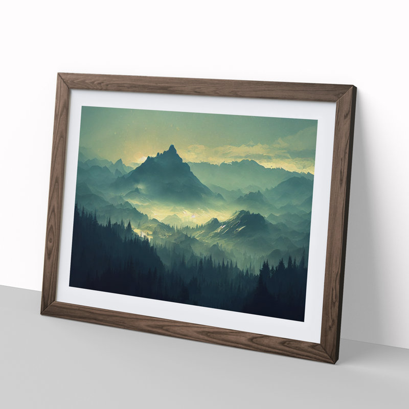 XH1022-7594X Royal Winter Mountains 1 Piece Single Picture Frame Painting, 25cm H x 34cm W x 2cm D, Walnut