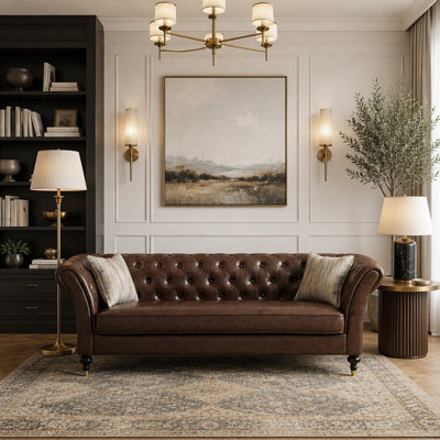 Canapé Chesterfield en similicuir brun cognac de 88,5 pouces avec capitonnage à boutons