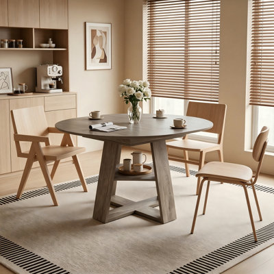Oval Extendable(43.3Inch-59Inch) Round Kitchen Dining Table, With Removable Leaves, Wood Base And Storage Shelf, For Kitchen, Living Room, Gray