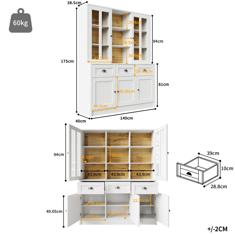 140×38.5×175cm White Modern Minimalist Freestanding Tall Display Cabinet with Drawers for Kitchen, Dining & Living Room