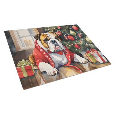 English Bulldog Cozy Christmas Glass Cutting Board Large