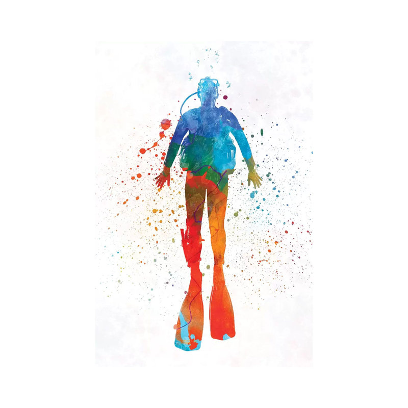 Scuba Diver in Watercolor IV par Paul Rommer - peinture sur toile tendue, H 26 po x l 18 po x 1,5 po