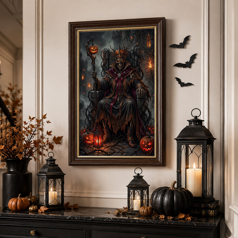 " Dark Skeleton King With Pumpkin Crown And Staff Halloween " Painting Print, 18"H x 12"W
