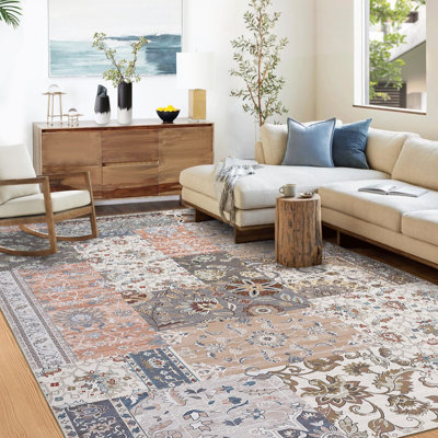 Washable Vintage Floral Printed Rug Accent Carpet Ultra-Thin Foldable Floor Cover for Living Room Beige Pink