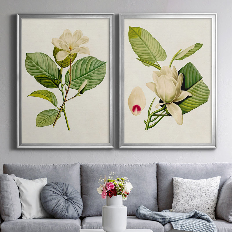«Magnolia Flowers I», ensemble de 2 reproductions d'art sur toile encadrées, Argent, H 24,5 po x l 37 po x P 1,25 po