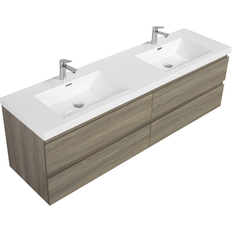 Floating Bathroom Vanity With Sink, Modern Wall-Mounted Bathroom Storage Vanity Cabinet With Two Resin Top Basin And Four Soft Close Drawers