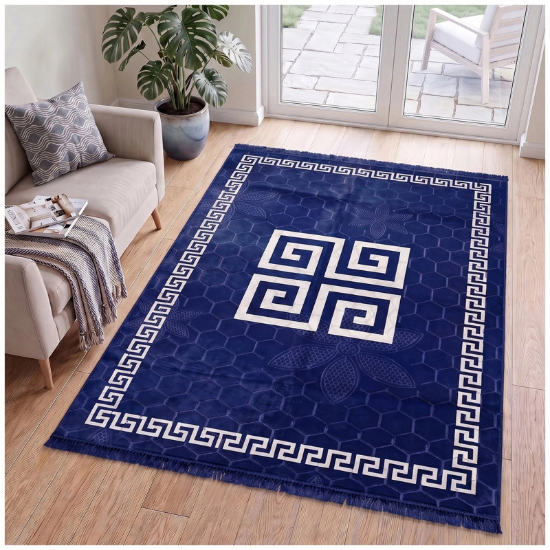 Rectangle Geometric Shapes Washable Area Rug, NAVY, Runner 80 x 180 cm