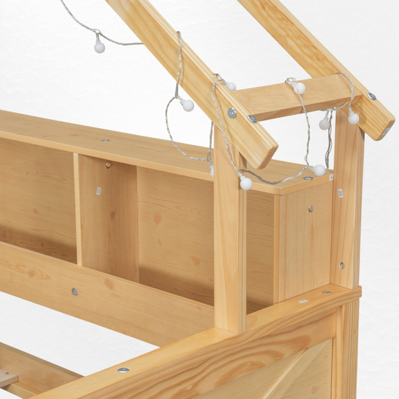 Lit plateforme double en bois avec rangement et garde-corps, Naturel