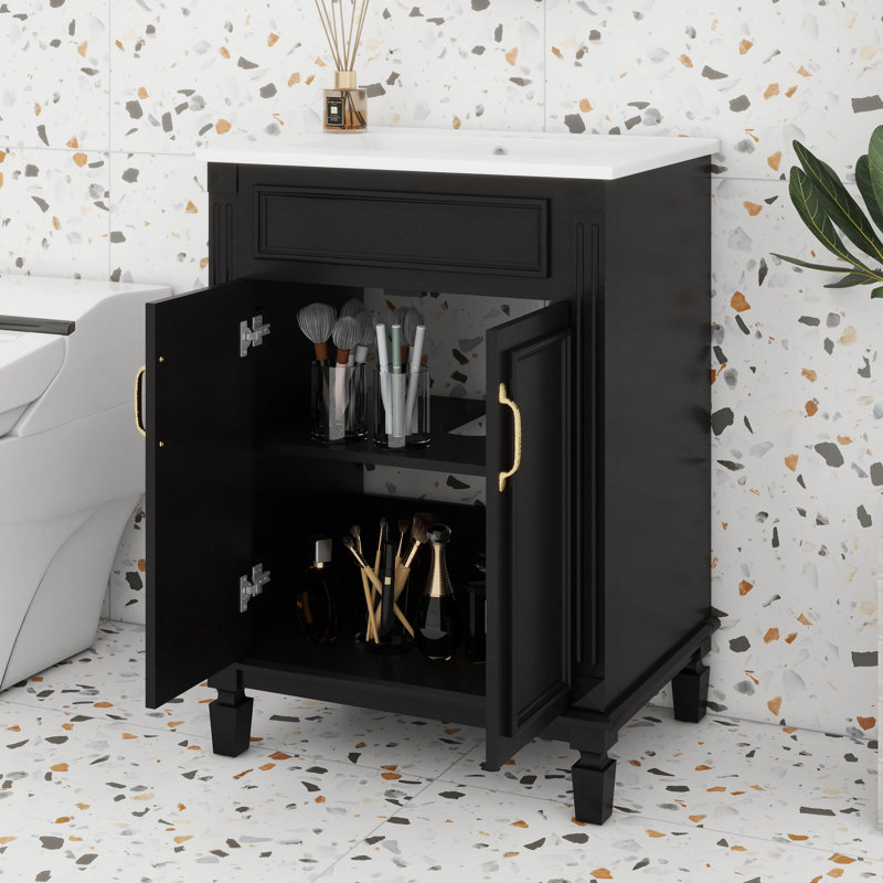 Meuble-lavabo de 24 po avec lavabo en céramique, armoire de rangement autoportante avec 2 portes et tablette réglable, cadre solide et panneau de fibres à densité moyenne