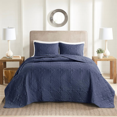 Couvre-lit réversible 3 pièces bleu marine double / grand - Texture en microfibre, rembourrage, lavable, poli de style bolivan
