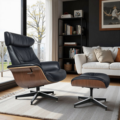 Méridienne Iconic Mid-Century moderne en cuir avec repose-pieds pivotant - Fauteuil inclinable ergonomique pour le salon et le bureau personnel