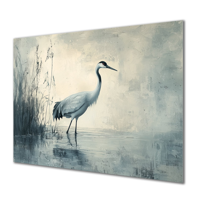 Crane dans un étang brumeux II - reproduction d'art moderne en métal, décoration murale en métal Heron, H 12 po x l 20 po