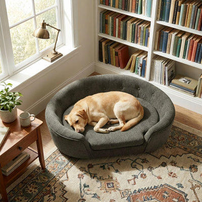 Modern Oversized Semi-Enclosed Dog Sofa with Linen Upholstery and Button-Tufted Backrest for  Home Living Areas