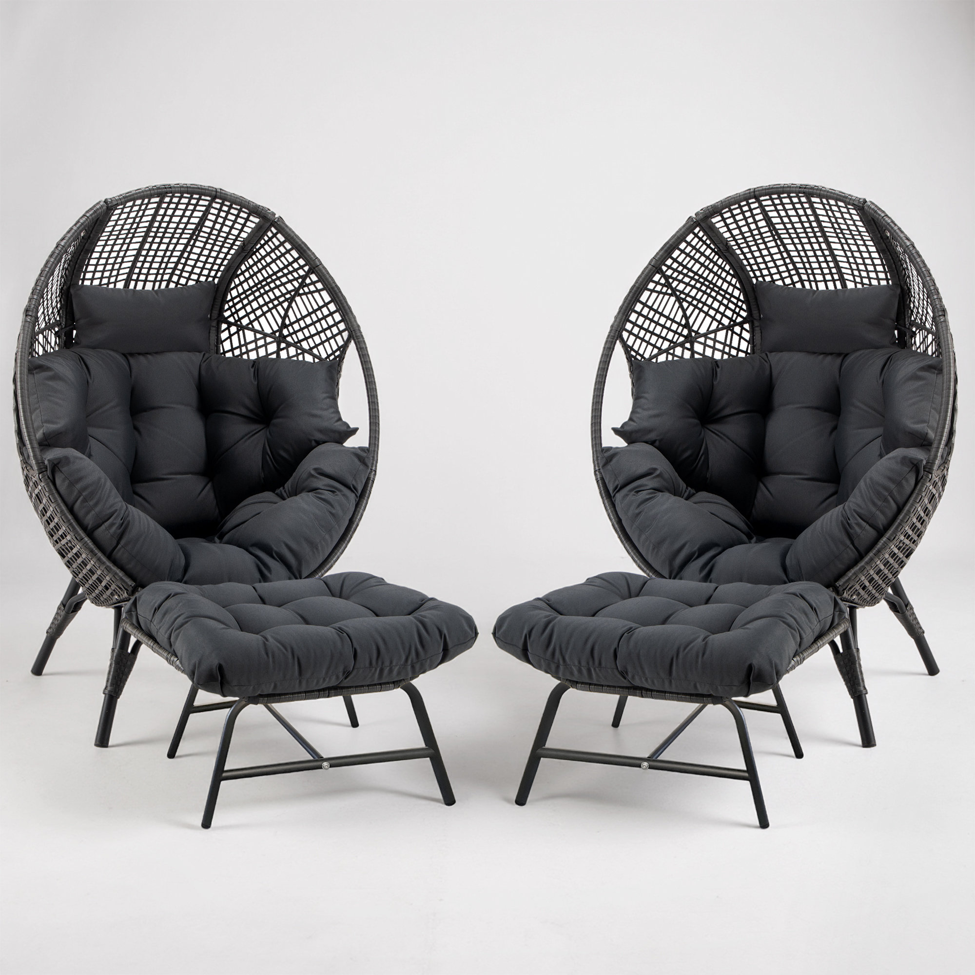 Bagryana 2-Piece Outdoor Wicker Egg Chair Set with Ottomans and Cushions, Gray/Gray