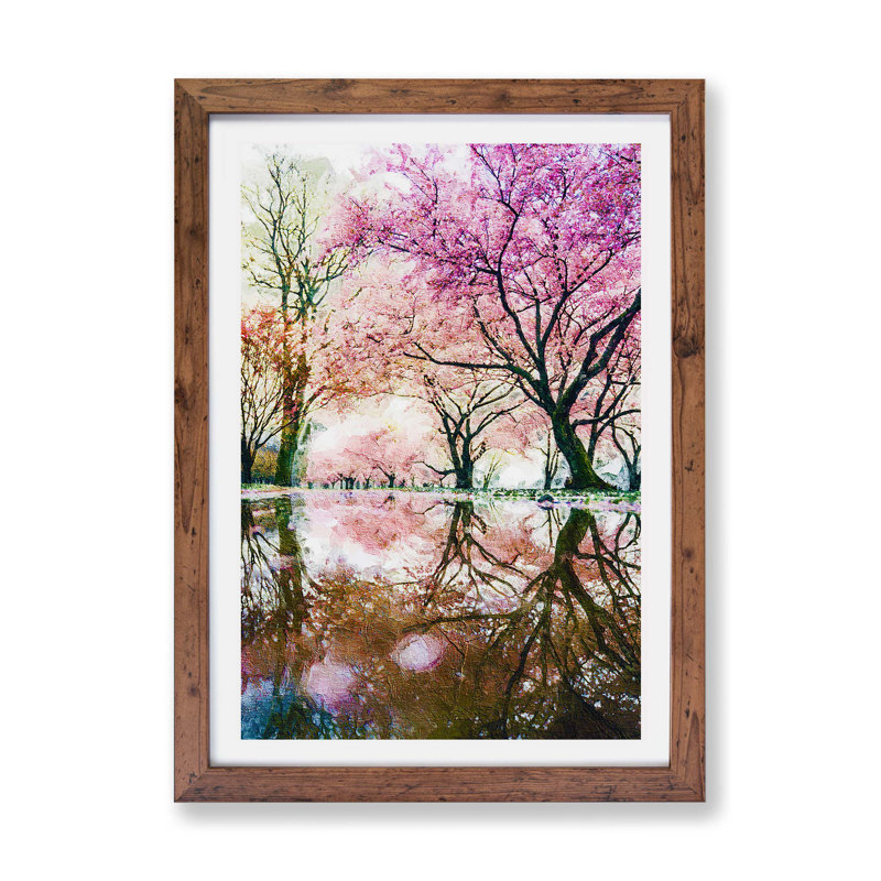 Reflection Of The Pink Blossom Trees - Single Picture Frame Painting, 33cm H x 45cm W x 2cm D, Walnut