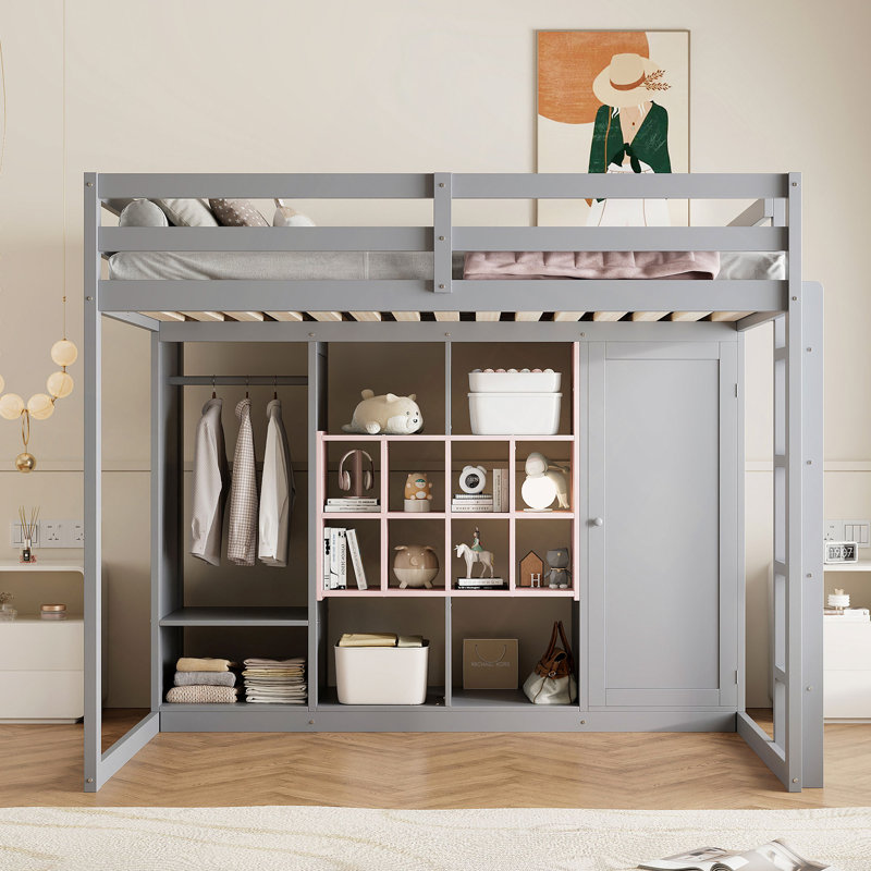 Lit mezzanine en bois avec garde-robe, tablettes et armoire, Lit double, Rose / Gris