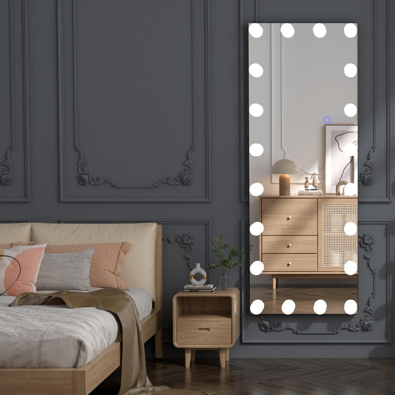 Miroir de plancher à ampoule - Miroir autoportant avec éclairage DEL réglable