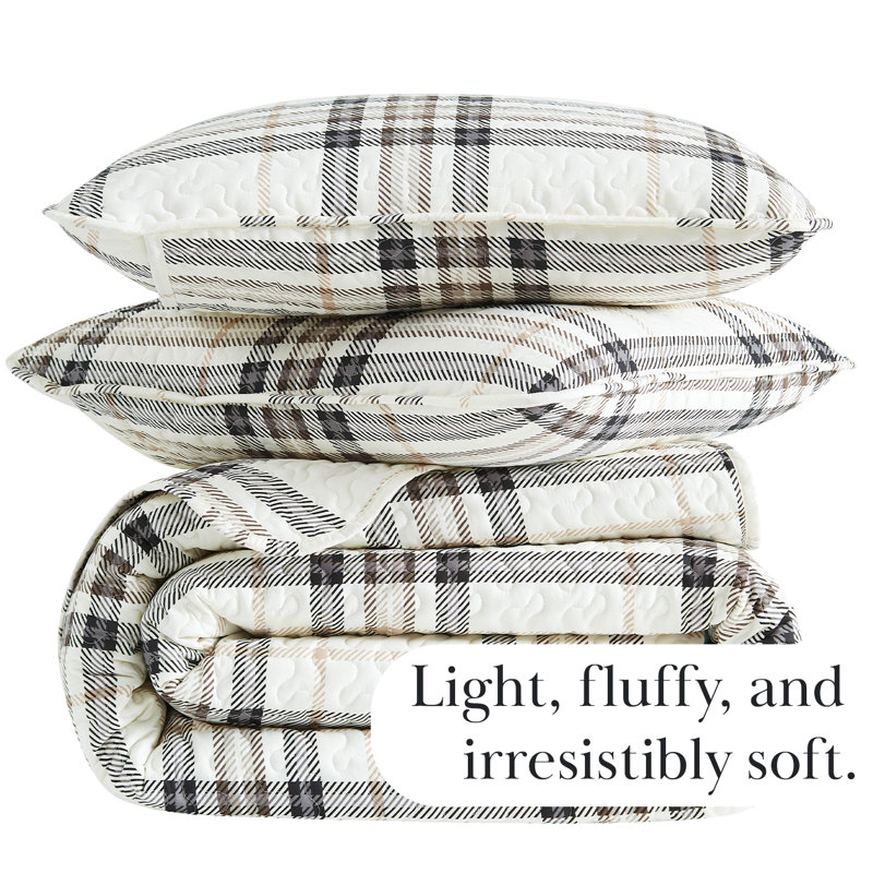 Vilano Microfibre Plaid Quilt Set, Full/Queen Quilt + 2 Standard Shams, Tofu