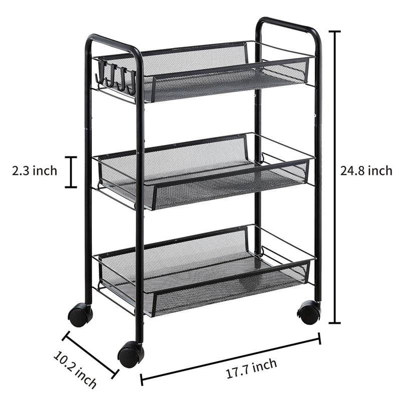 Black Metal 3-Tier Rolling Utility Storage Cart