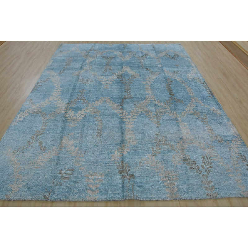 Tapis unique en viscose noué à la main bleu de 8 pi 4 po x 9 pi 10 po Gamari