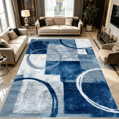 Tapis à motif abstrait géométrique bleu marine et gris 1pc pour le salon, doux et confortable, convient à toutes les saisons, facile à entretenir, lavable à la machine, tapis de table sous la ferme convenant à la chambre à coucher, à la salle à manger, au vestibule,