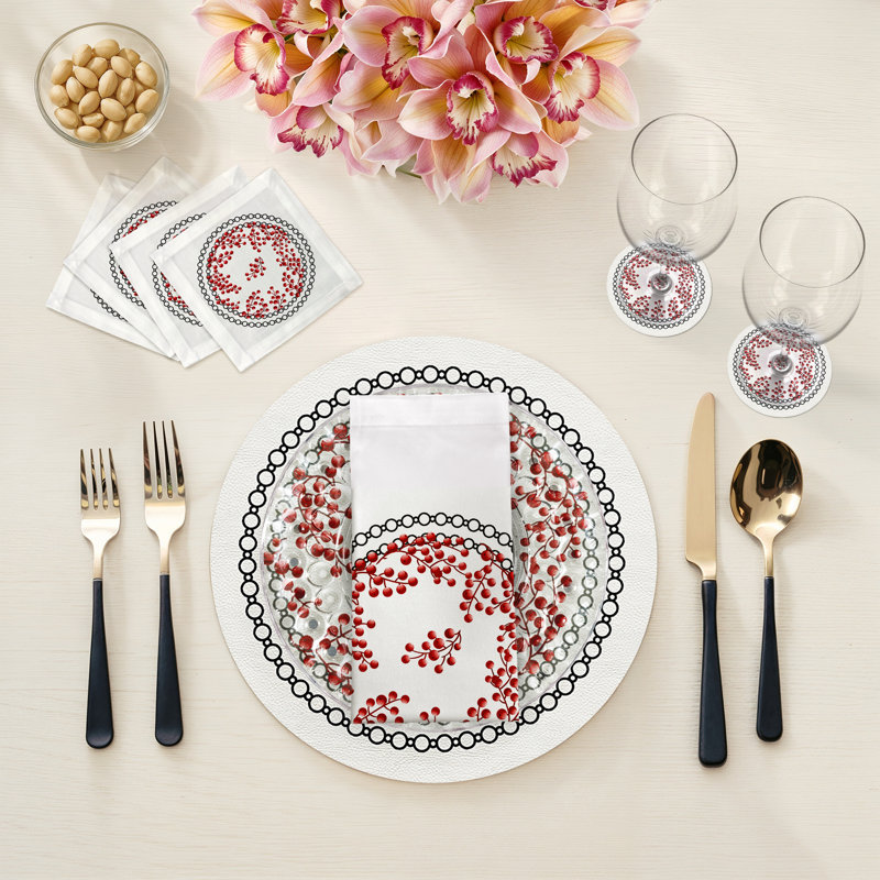 Christmas Berries Vegan Leather Round Pebble Placemat, Red White