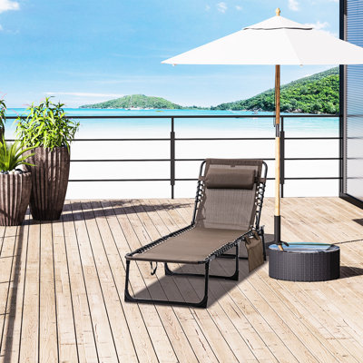 Portable Beach Chair, Folding Camping Cot With Adjustable . Removable Pillow, Brown For Patio, Garden Leisure Reclining Chaise Lounge Chair And Pillow Garden, -