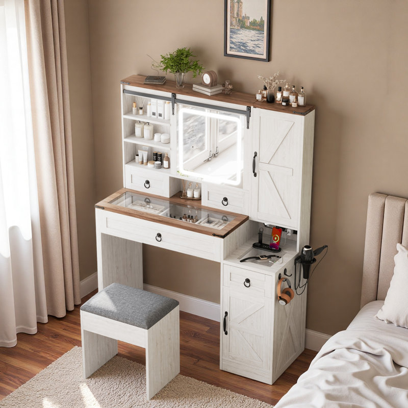 Farmhouse Vanity Desk With Sliding Led Mirror, Glass Top, Charging Station, 4 Drawers, 2 Cabinets And Stool, White