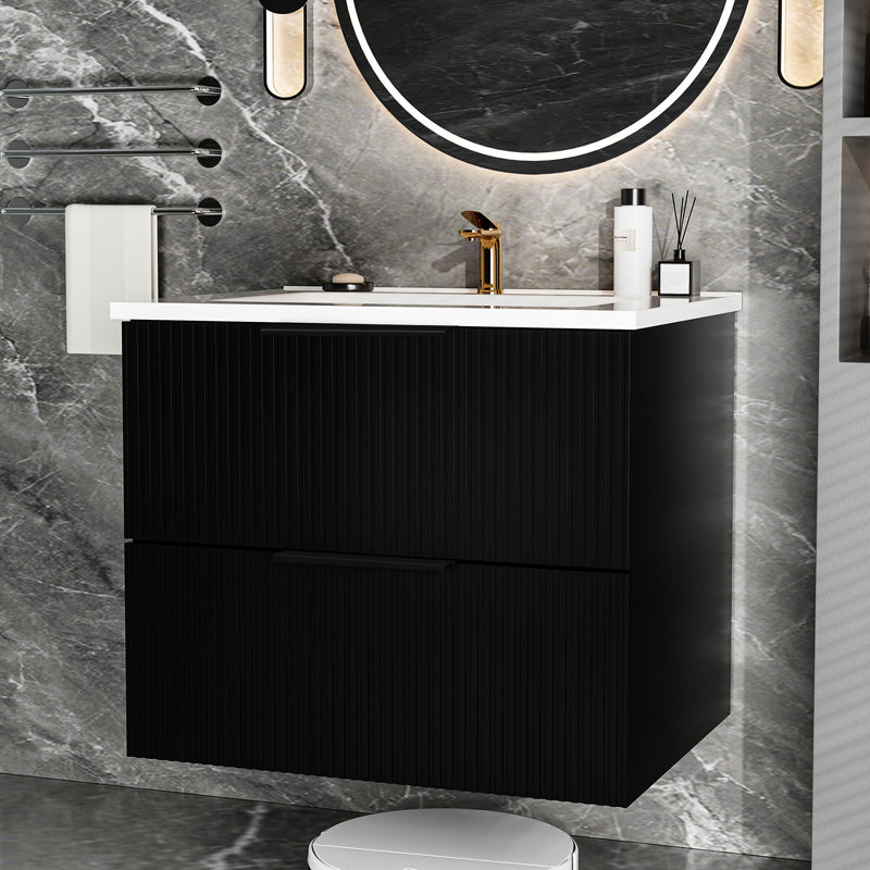 Meuble-lavabo mural 24 po avec lavabo en céramique et deux tiroirs 24 po Modern Black, Noir mat, Noir mat