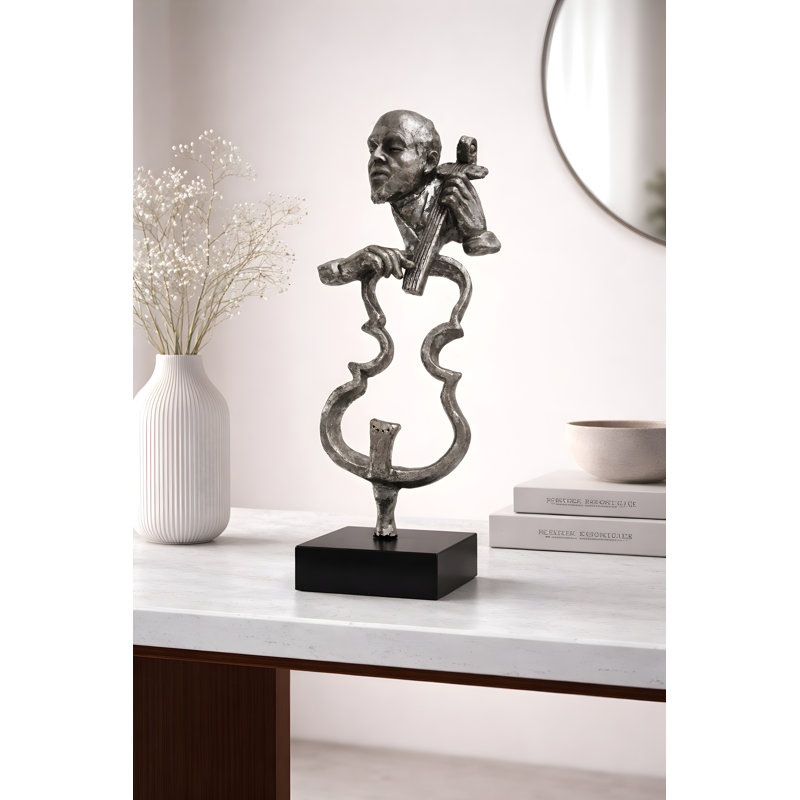 Abstract Silver Musician Sculpture – Jazz Cellist Figurine On Black Base