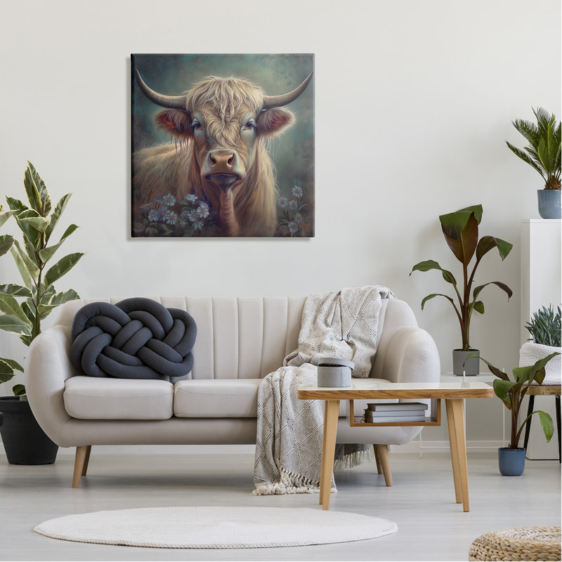 «Highland Cow with Daisies» par Steve Hunziker, H 30 po x l 30 po x P 1,5 po
