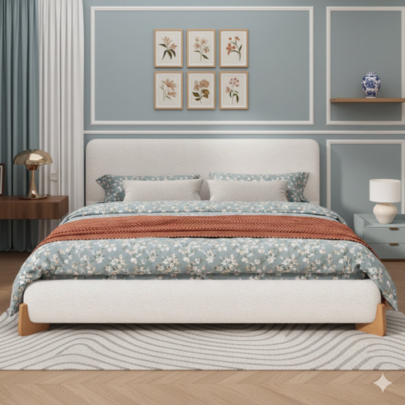 Lit tapissier élégant en tissu Boucle, un point focal luxueux et confortable pour la chambre à coucher, très grand lit, blanc