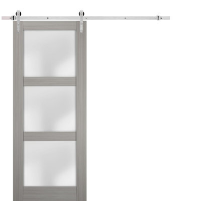 Porte de grange robuste Lucia 2552 Frêne au gingembre avec verre dépoli, rail de 2 m, quincaillerie lourde, portes intérieures à panneaux pleins - 81 cm x 213 cm - Rail argenté