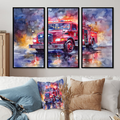 Camion de pompier rouge sous la pluie New York - ensemble de décoration murale pompier