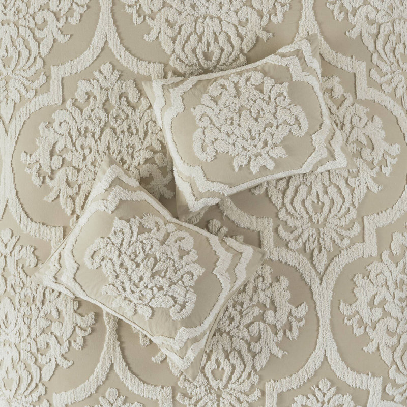 Viola Tufted Cotton Chenille Damask 3 Piece Comforter Set, King/Cal. King Comforter + 2 King Shams, Taupe