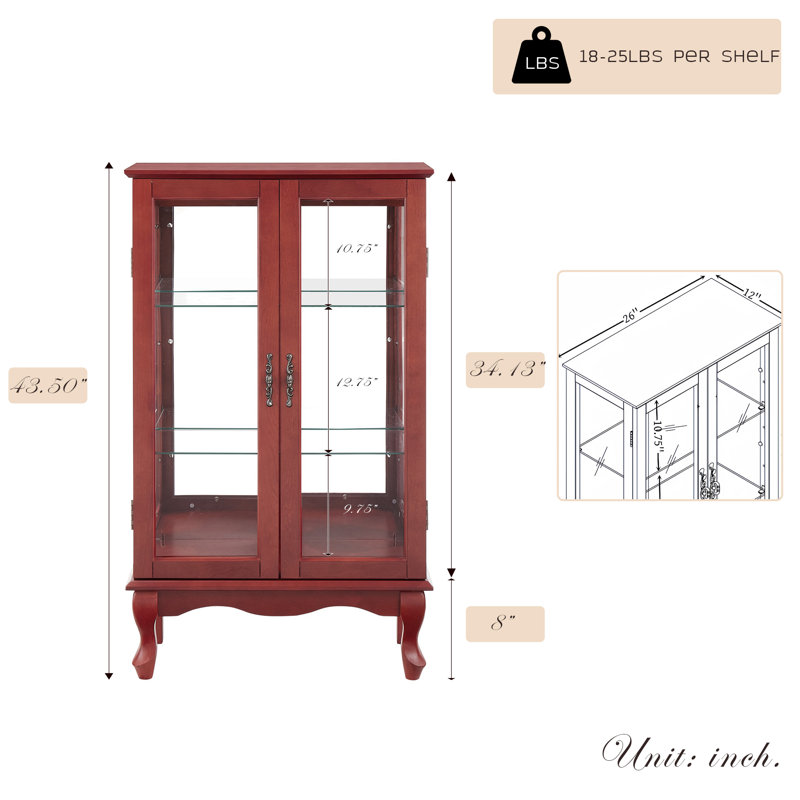  44" Lighted Curio Cabinet, 3-Tier Glass Display Cabinet with Glass Doors & Adjustable Shelves, Mirrored Back Panel, Light Blub Included, Vintage China Cabinet for Living Room, Kitchen