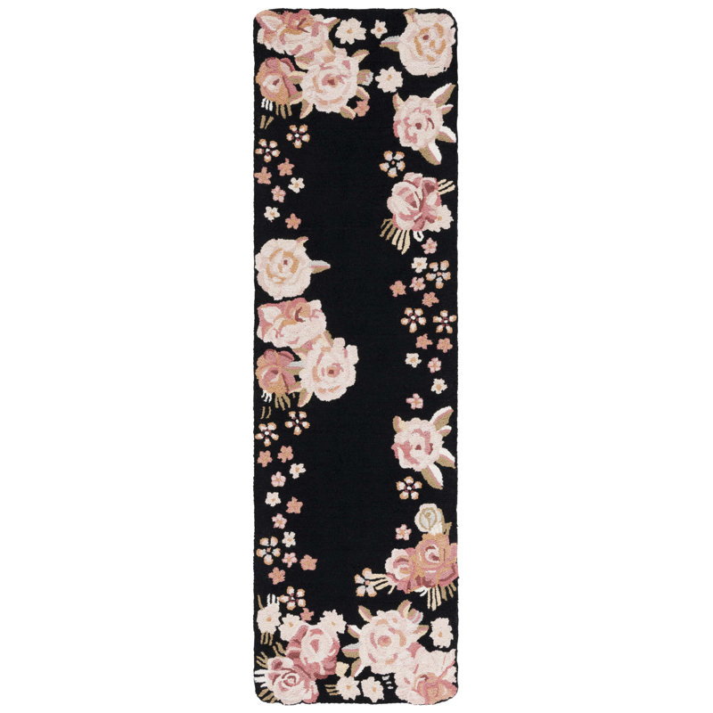 Tapis floral en laine touffeté à la main noir / rose Abren, Tapis de couloir 2 pi 3 po x 8 pi