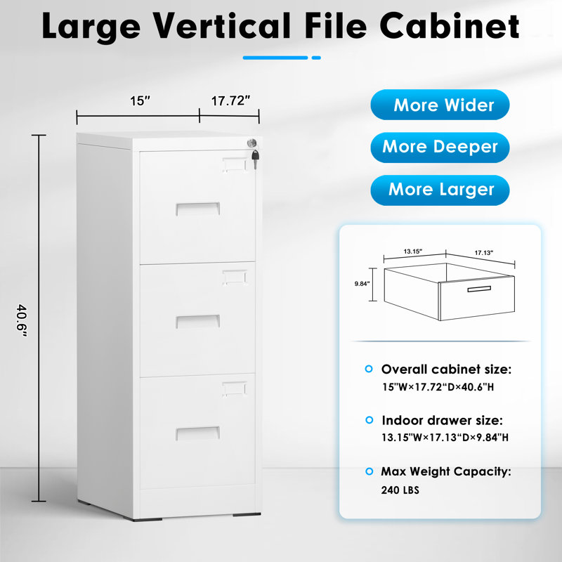 Classeur vertical en métal 3 tiroirs 15 po avec serrure, Blanc