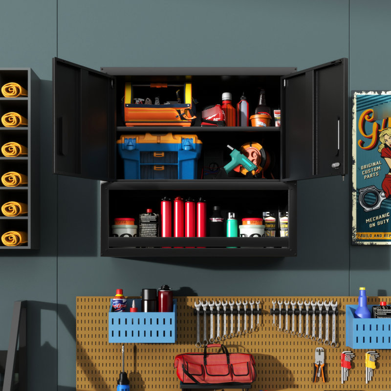 Armoire de rangement murale en métal avec conception verrouillable sécurisée, 1 tablette, tiroir ouvert pour la maison, le bureau, la construction, la rouille, peu d'entretien, porte noire réglable et tablette ouverte, entrepôt,