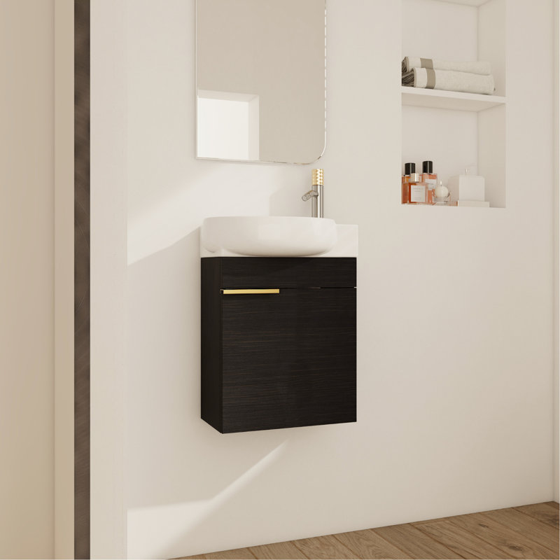 Meuble-lavabo mural 16 po pour petits espaces châtaignier noir avec lavabo en céramique style moderne compact