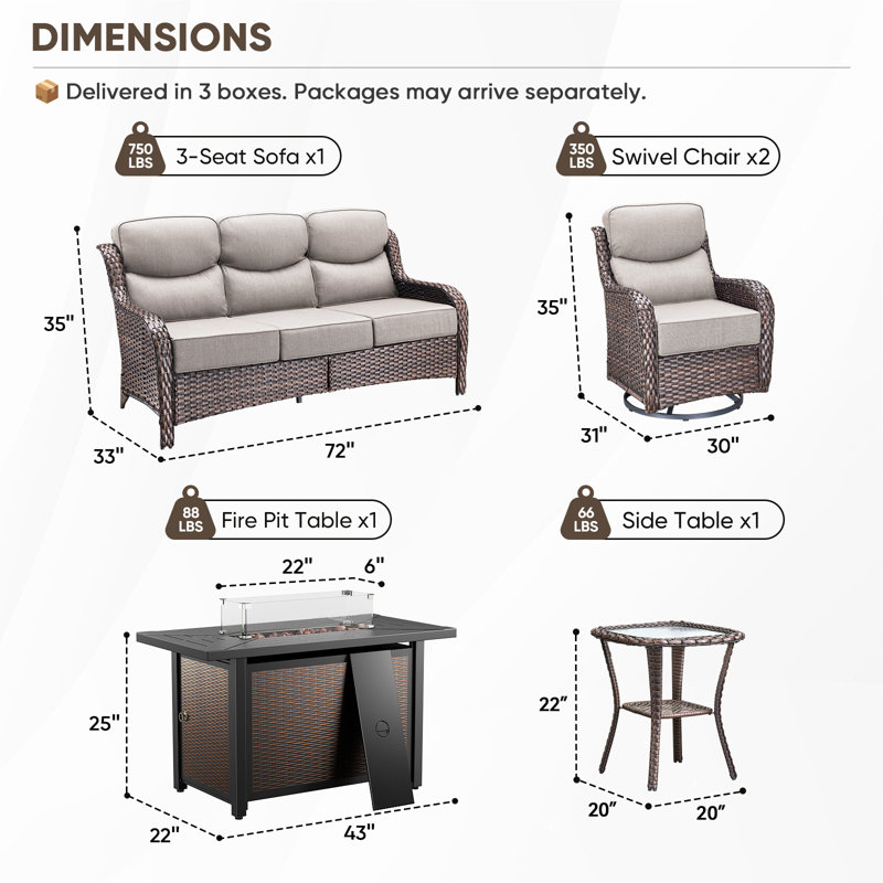 Polygala 5-Piece All-Weather Wicker Patio Rectangle Metal Fire Pit Table Conversation Set With Swivel Gliders, Sofa And Side Table For Outdoor