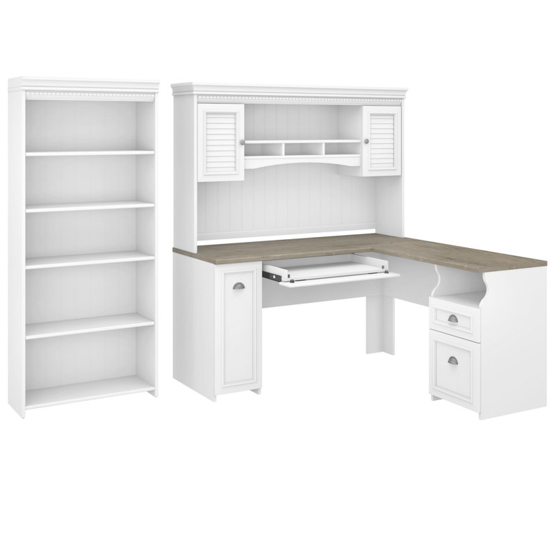 Ensemble de bureau d'ordinateur en L 3 pièces avec huche Huckins, Gris Shiplap / blanc pur