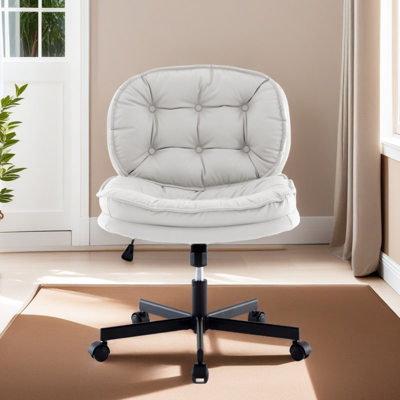 Fauteuil de bureau sans accoudoirs avec roulettes: Fauteuil large en cuir de polyuréthane, chaises de travail pivotantes réglables et confortables pour la maison, le bureau, le maquillage, les petits espaces et la chambre à coucher