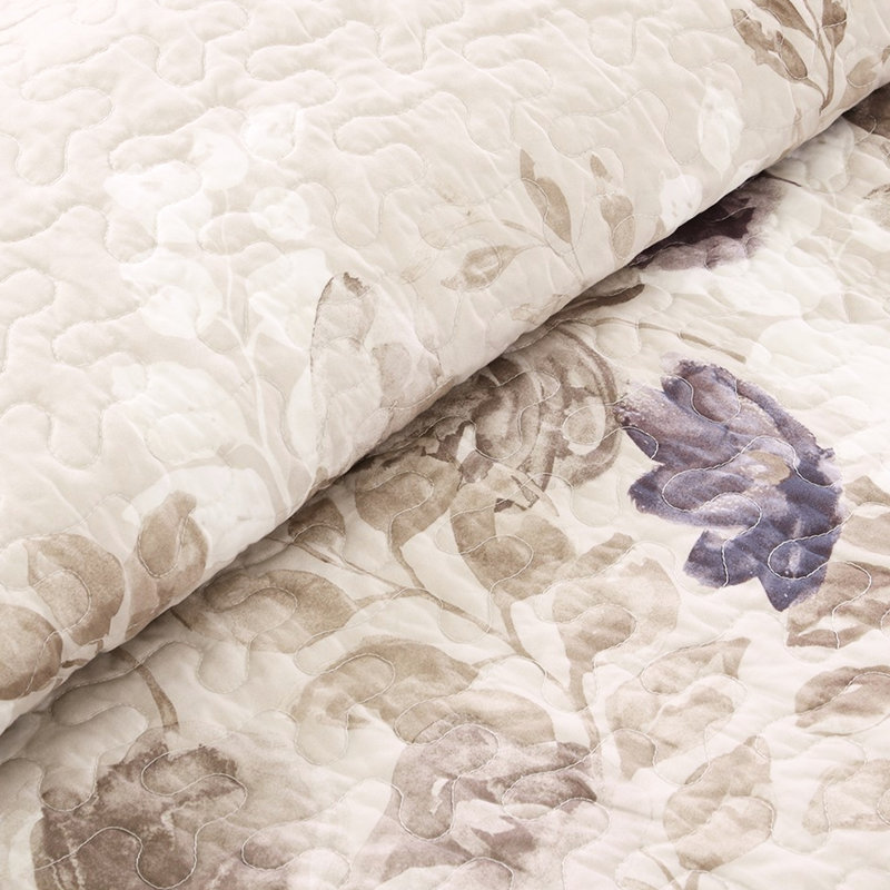 Courtepointe 6 pièces taupe avec coussins décoratifs, double / grand, courtepointe florale aquarelle, microfibre, tissu réversible à couleur unie, imprimé lavable à la machine, taupe, décoration, réversible, coussins décoratifs